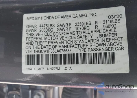 2020 Honda Accord Sport from USA, damaged, VIN 1HGCV1F38LA075633